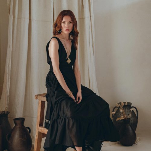 Black Goddess Dress Bohemian Deep V Vintage Boho