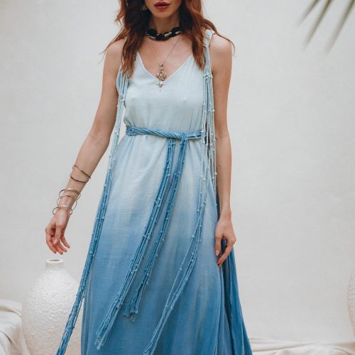Sky Blue Greek Goddess Dress Ombre Adjustable Belted