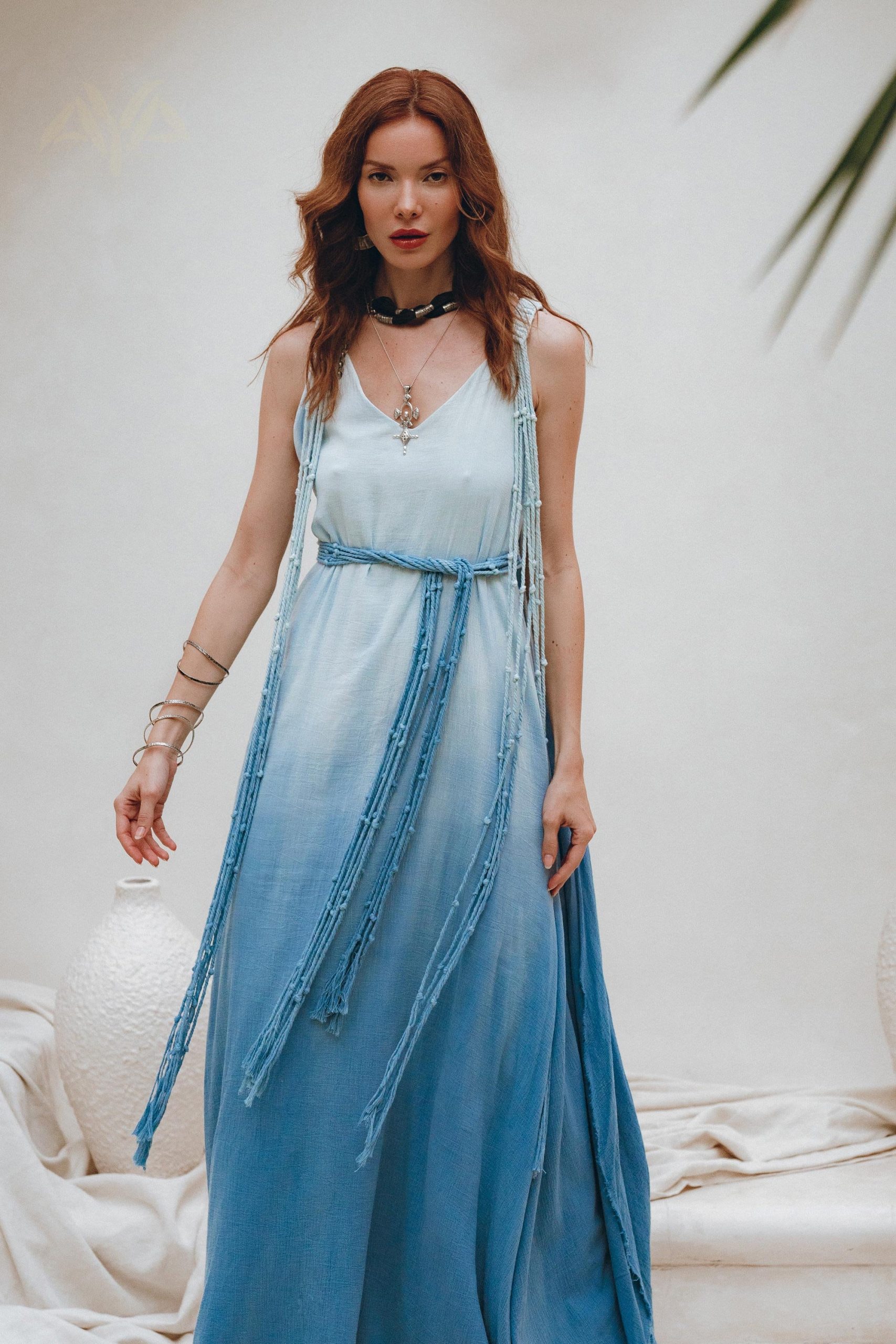Sky Blue Greek Goddess Dress Ombre Adjustable Belted
