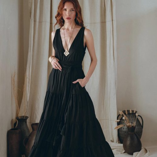 Black Goddess Dress Bohemian Deep V Vintage Boho