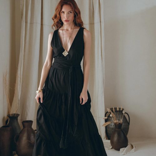 Black Goddess Dress Bohemian Deep V Vintage Boho