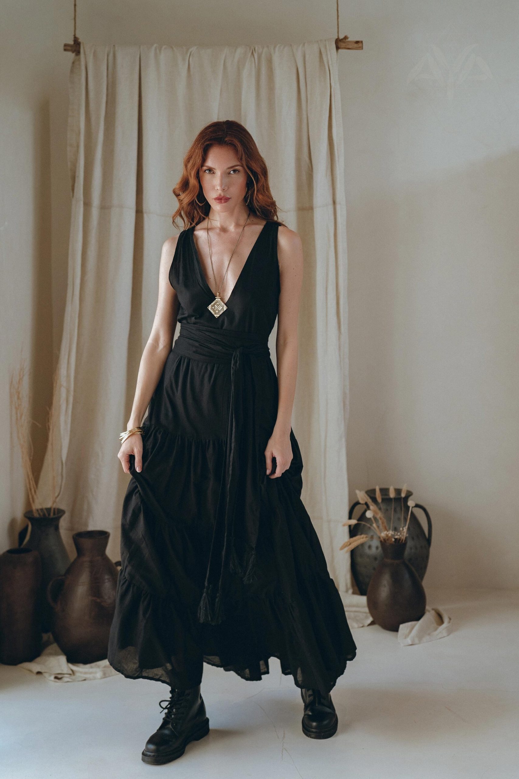 Black Goddess Dress Bohemian Deep V Vintage Boho