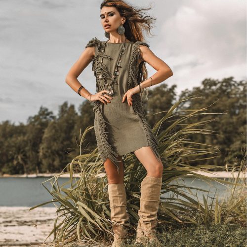 Dark Green Boho Mini Dress Tassel Festival Outfit