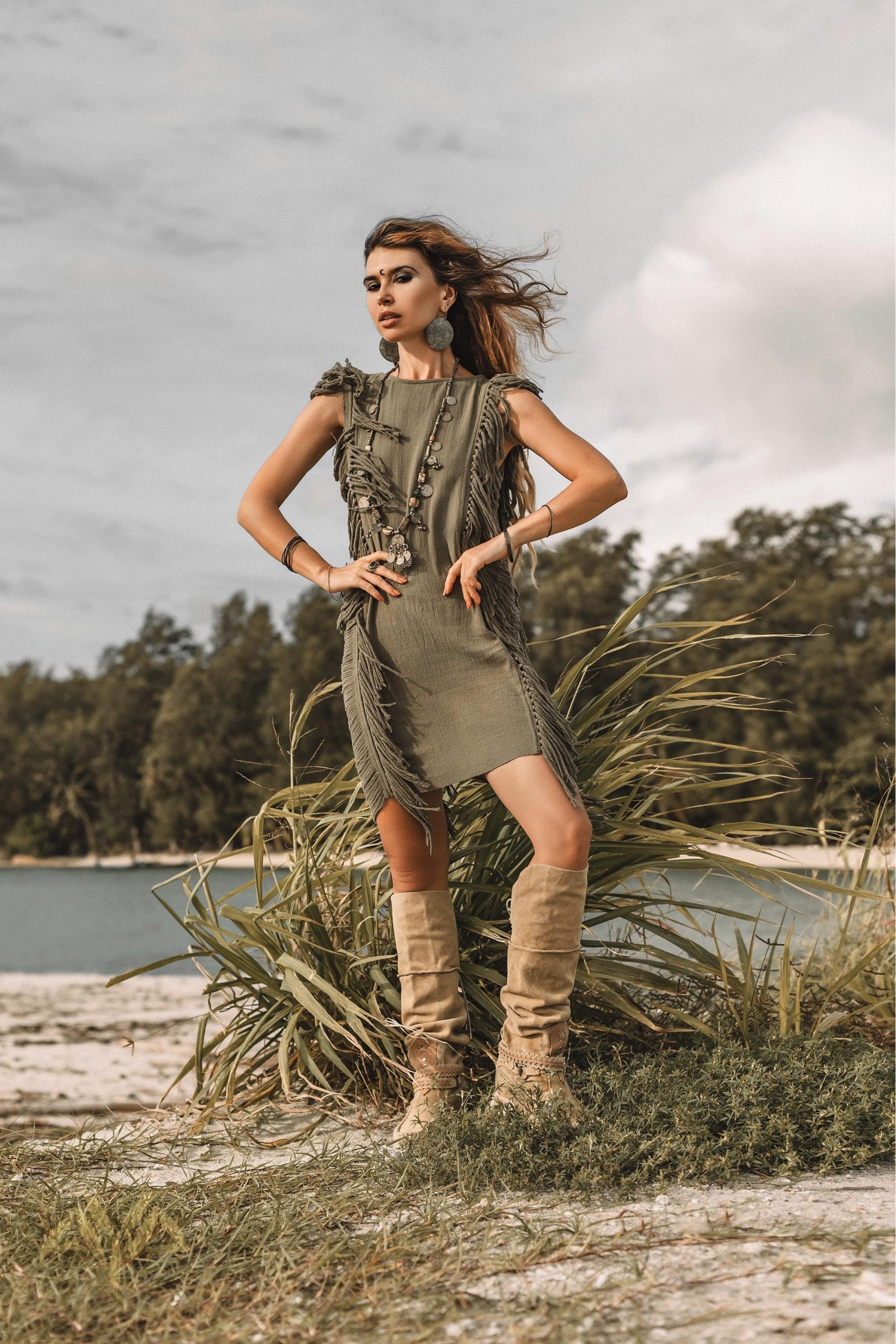 Dark Green Boho Mini Dress Tassel Festival Outfit