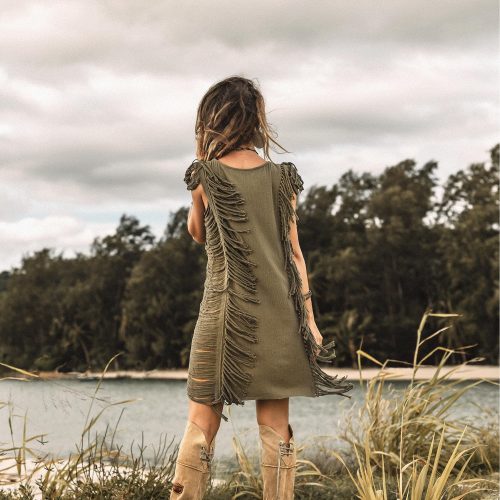 Dark Green Boho Mini Dress Tassel Festival Outfit