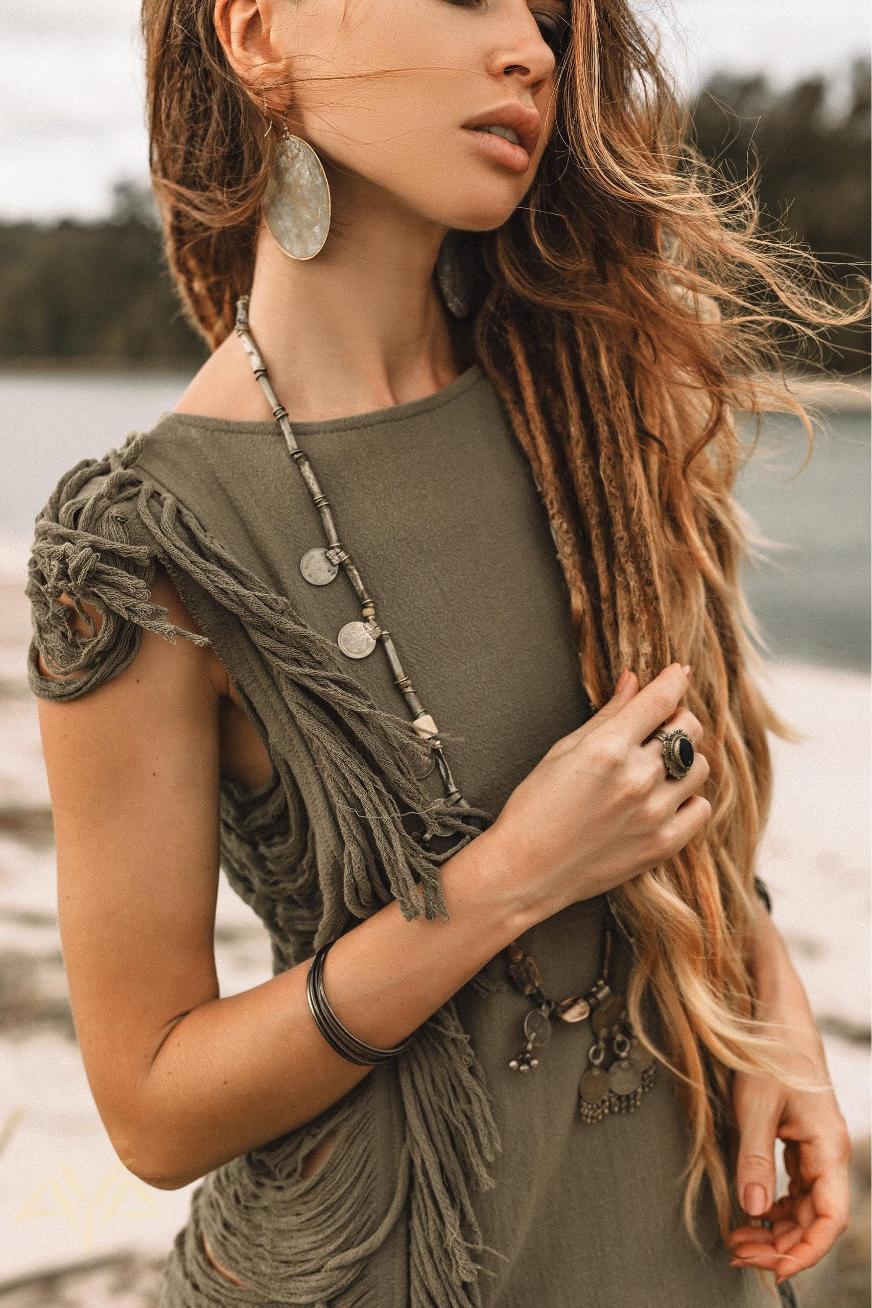 Dark Green Boho Mini Dress Tassel Festival Outfit