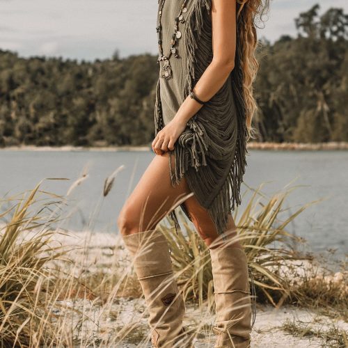 Dark Green Boho Mini Dress Tassel Festival Outfit