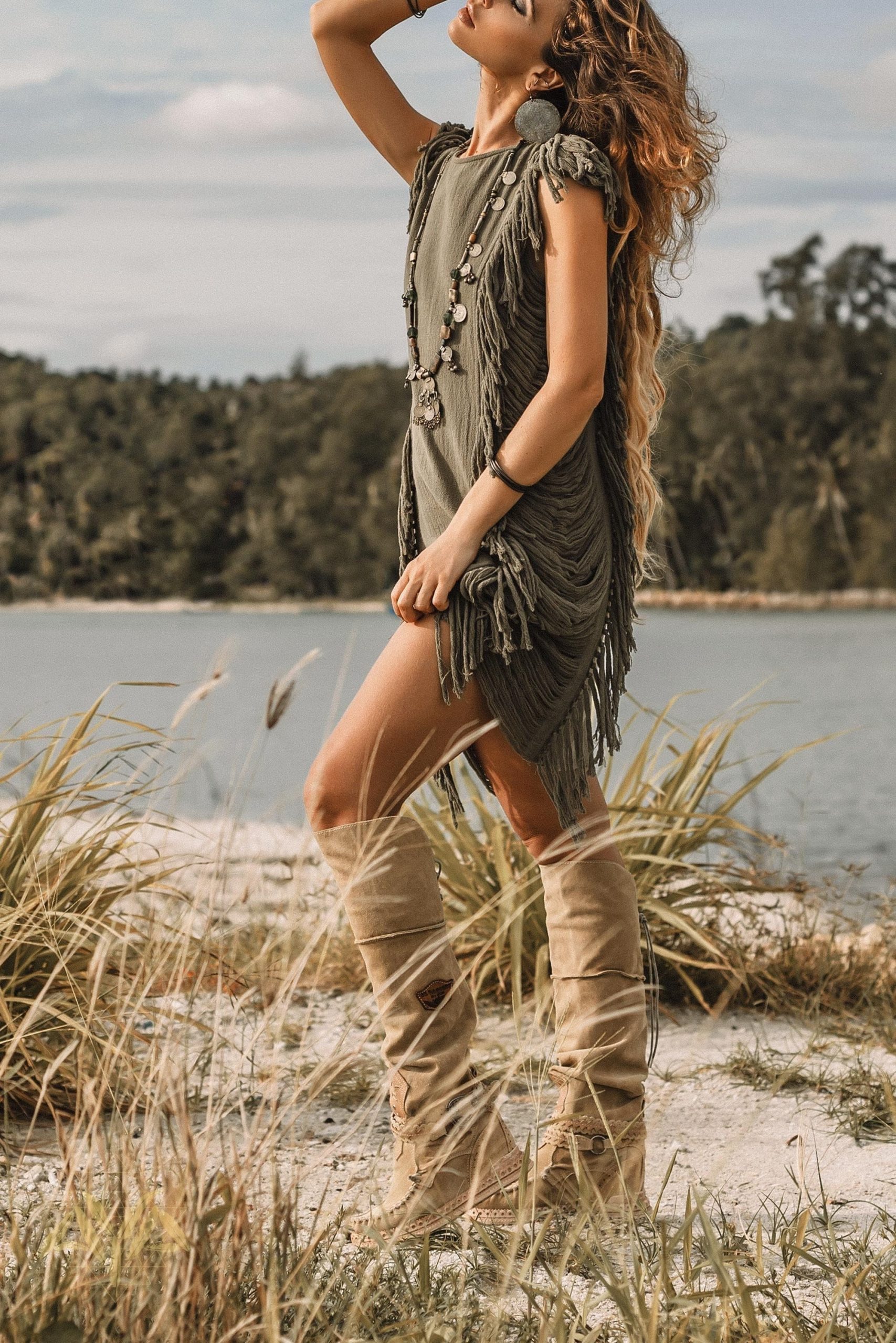 Dark Green Boho Mini Dress Tassel Festival Outfit