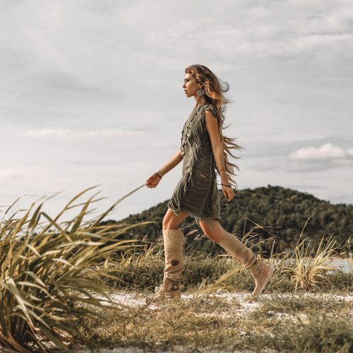 Dark Green Boho Mini Dress Tassel Festival Outfit