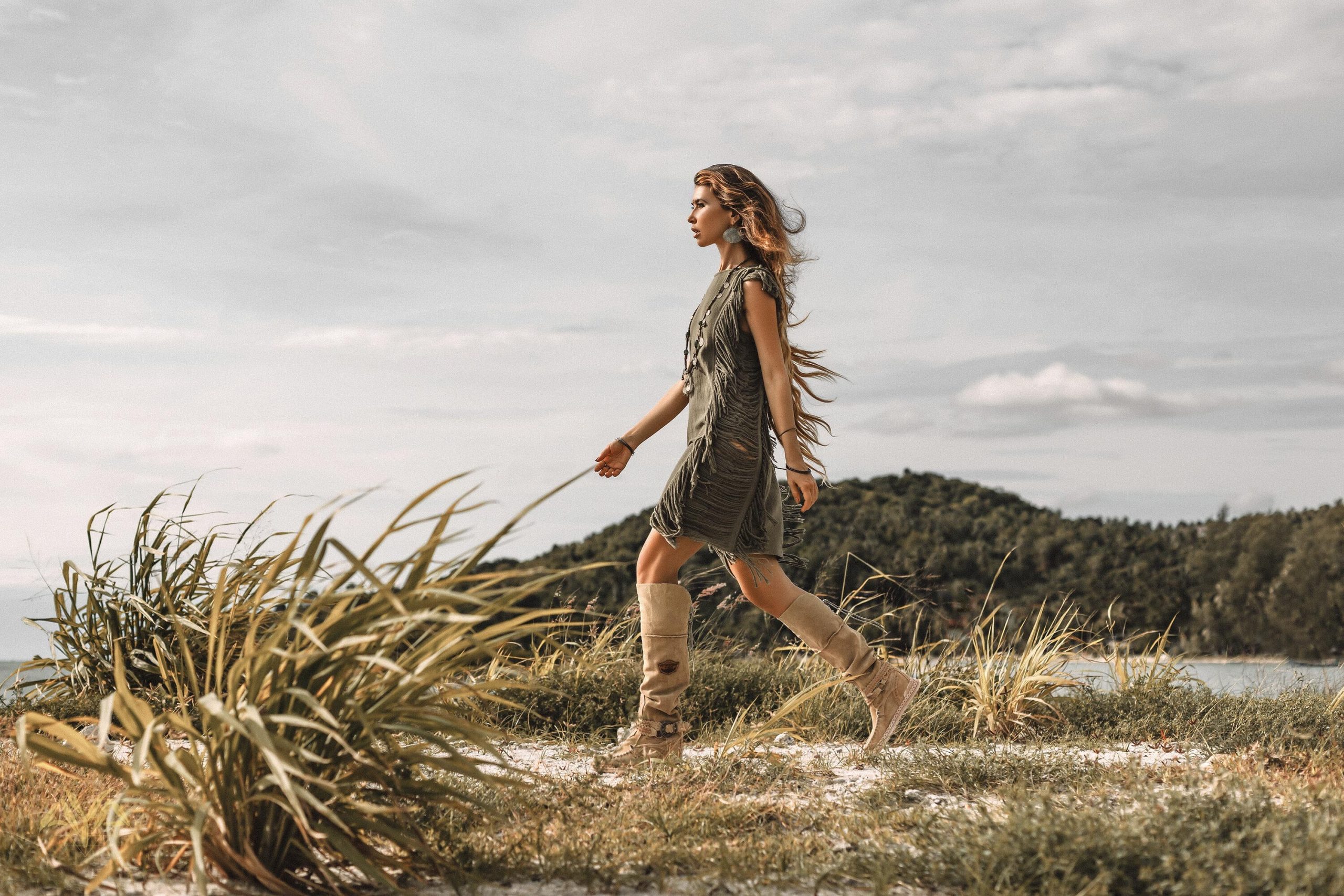 Dark Green Boho Mini Dress Tassel Festival Outfit