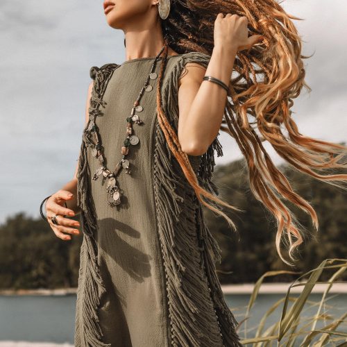 Dark Green Boho Mini Dress Tassel Festival Outfit