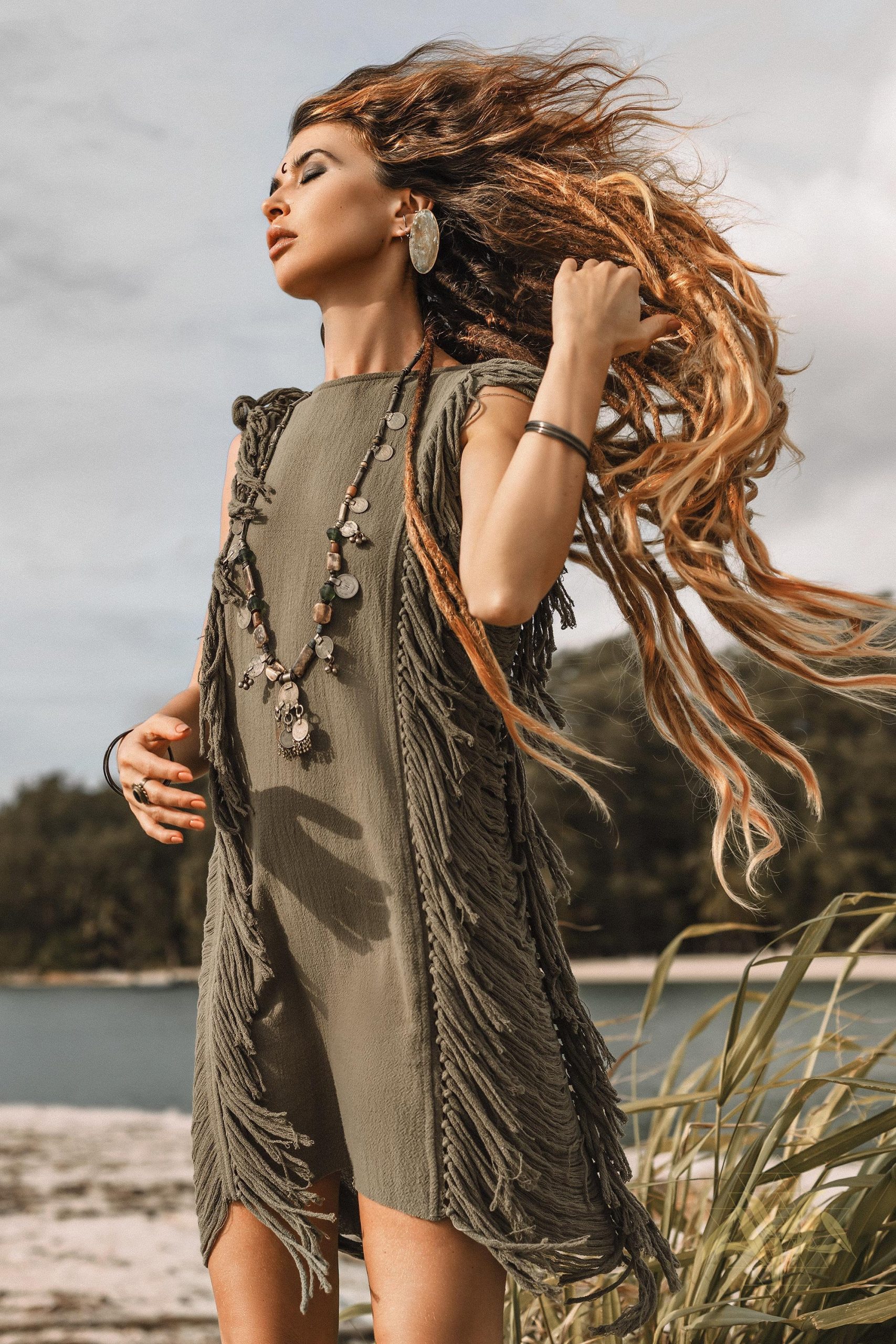 Dark Green Boho Mini Dress Tassel Festival Outfit