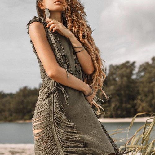 Dark Green Boho Mini Dress Tassel Festival Outfit