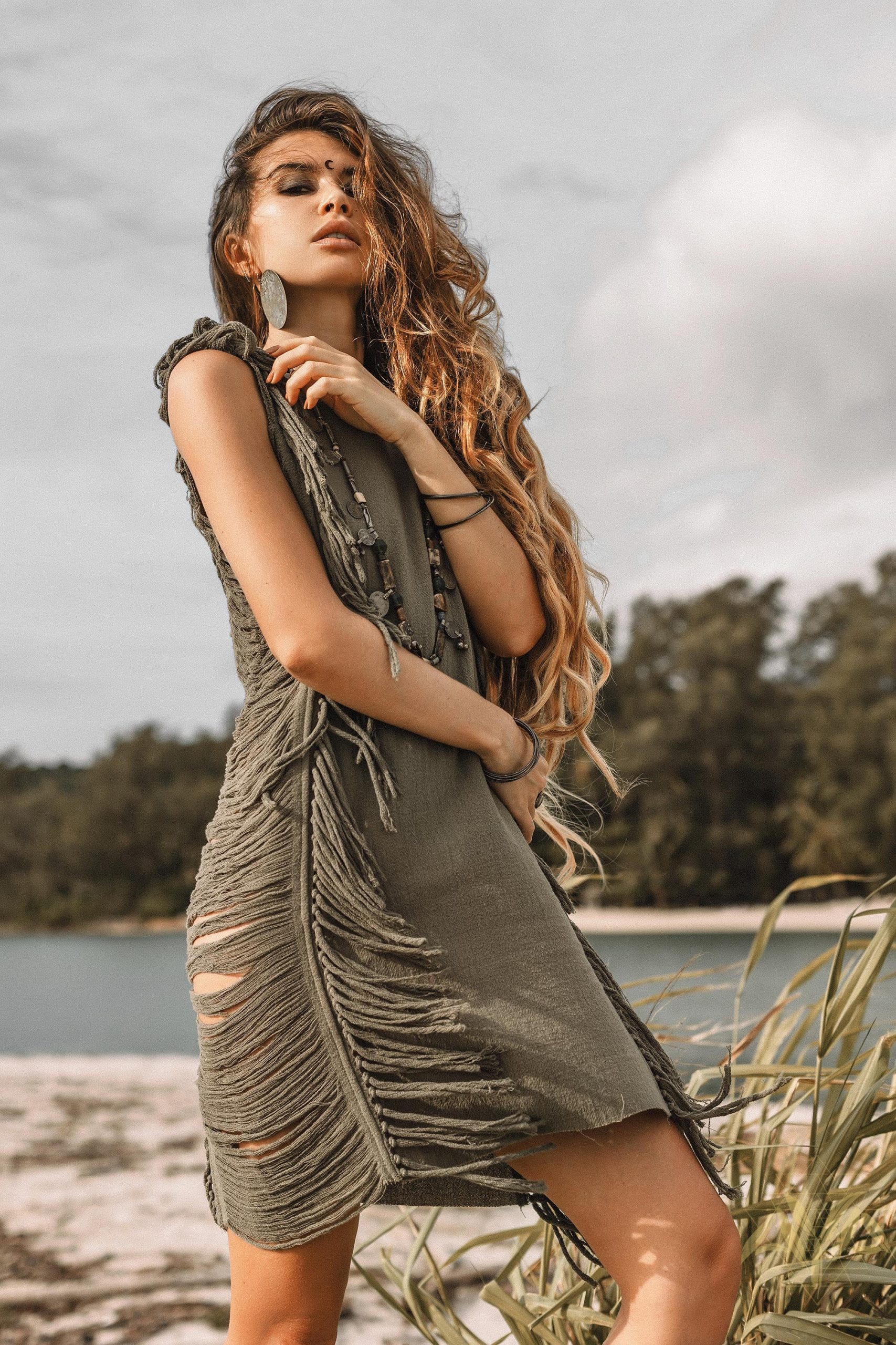 Dark Green Boho Mini Dress Tassel Festival Outfit