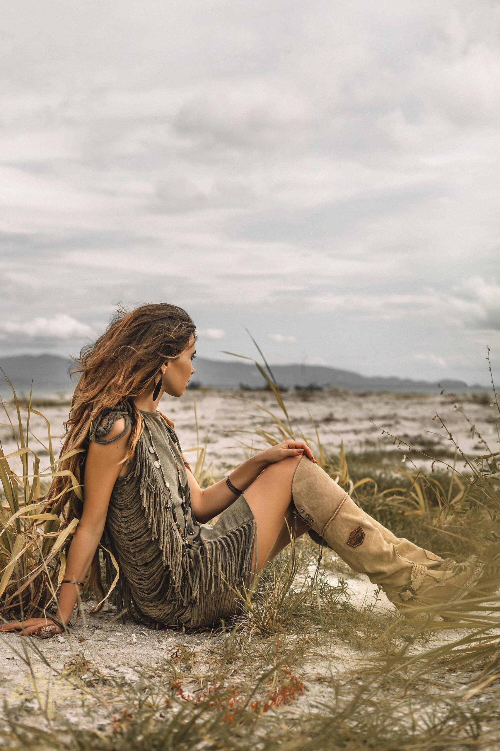 Dark Green Boho Mini Dress Tassel Festival Outfit