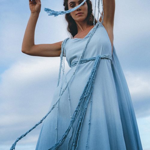 Sky Blue Greek Goddess Dress Ombre Adjustable Belted