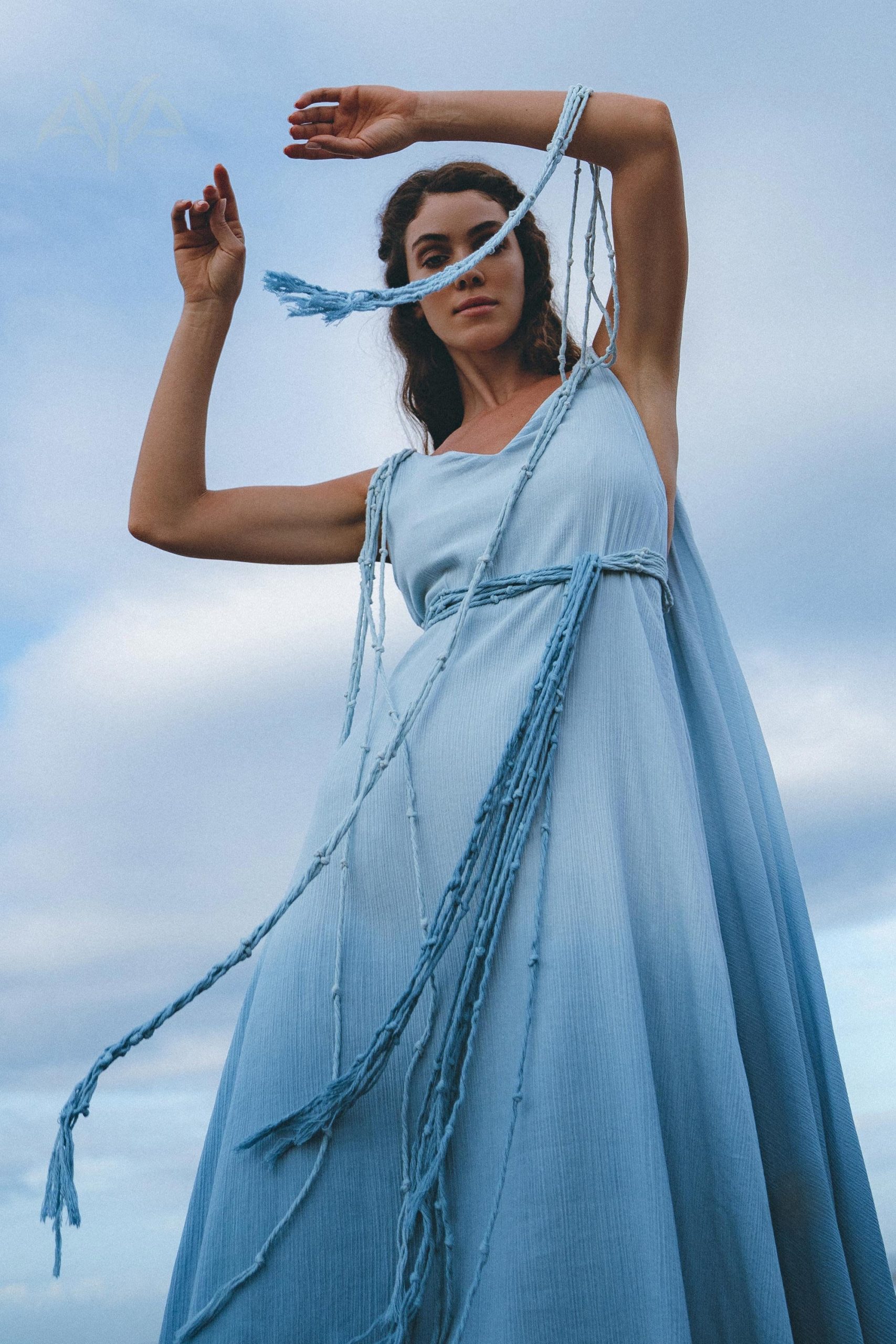 Sky Blue Greek Goddess Dress Ombre Adjustable Belted