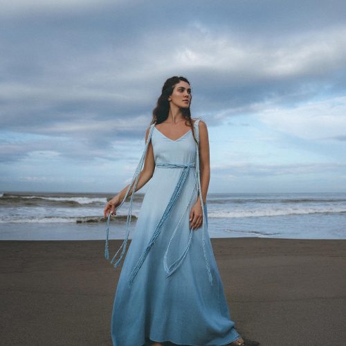 Sky Blue Greek Goddess Dress Ombre Adjustable Belted