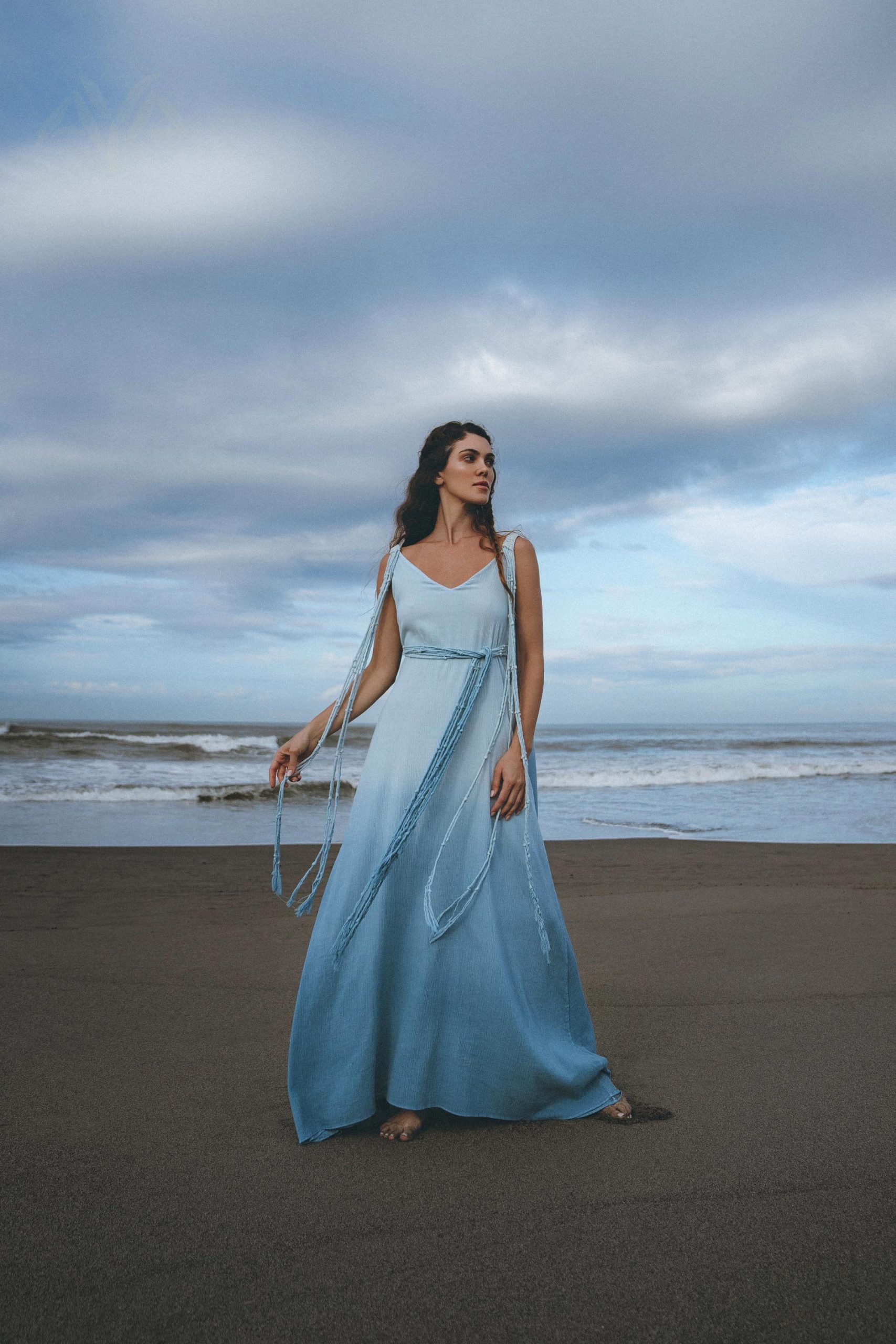 Sky Blue Greek Goddess Dress Ombre Adjustable Belted