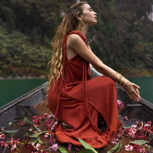 Red Aurora Greek Goddess Dress Organic One Shoulder