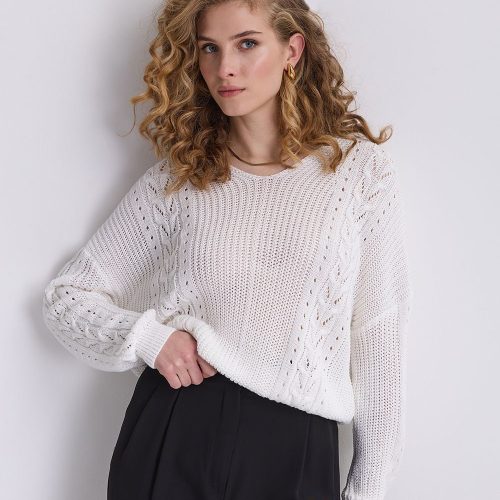 Cable Knit Sweater Cotton Top Pullover With Openwork
