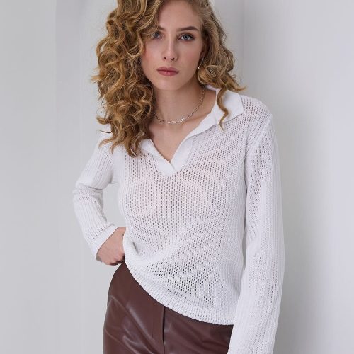 Cotton Openwork Sweaters Polo Collar Casual V Neck