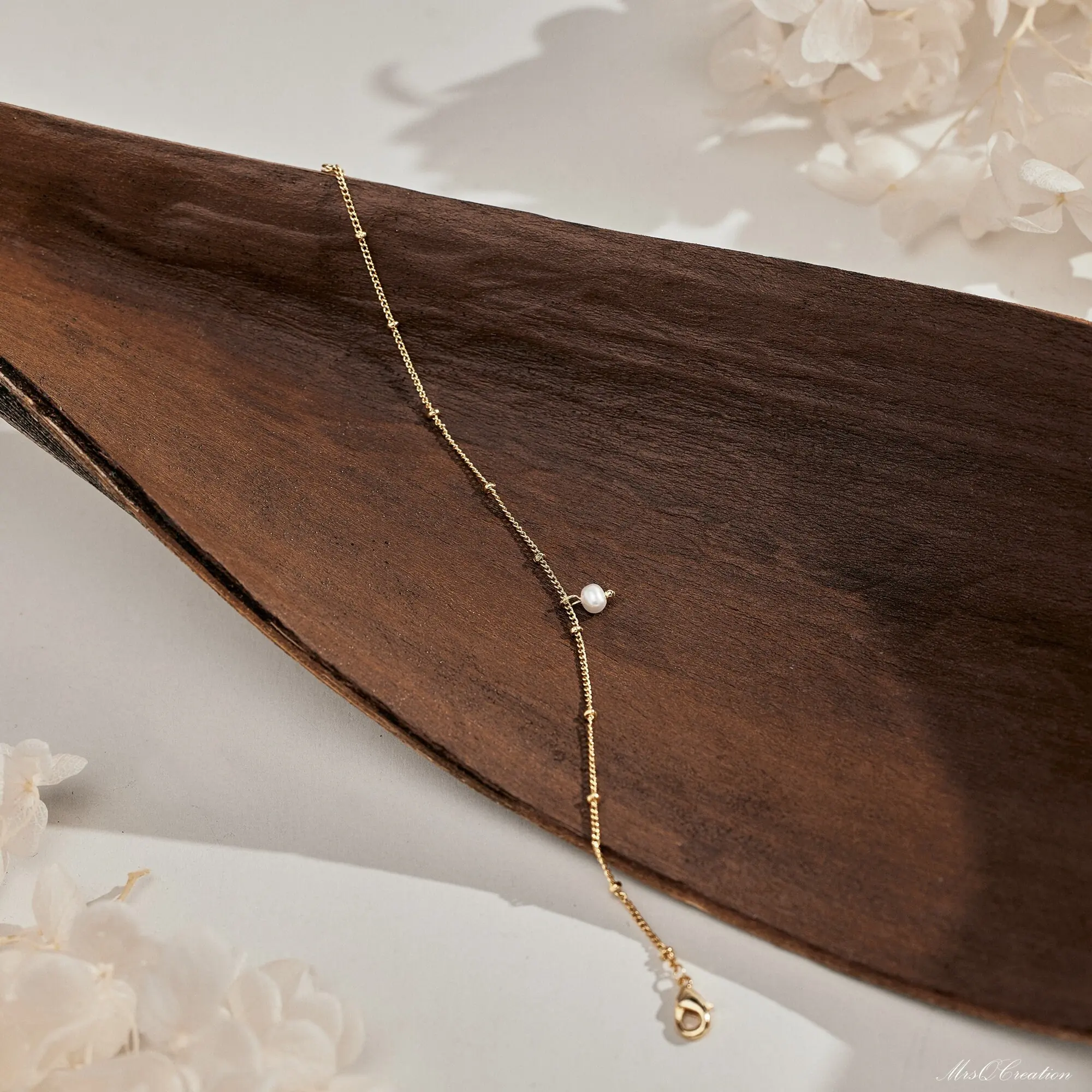 Minimalist Real Pearl Bracelet Bead Chain Gold Tiny