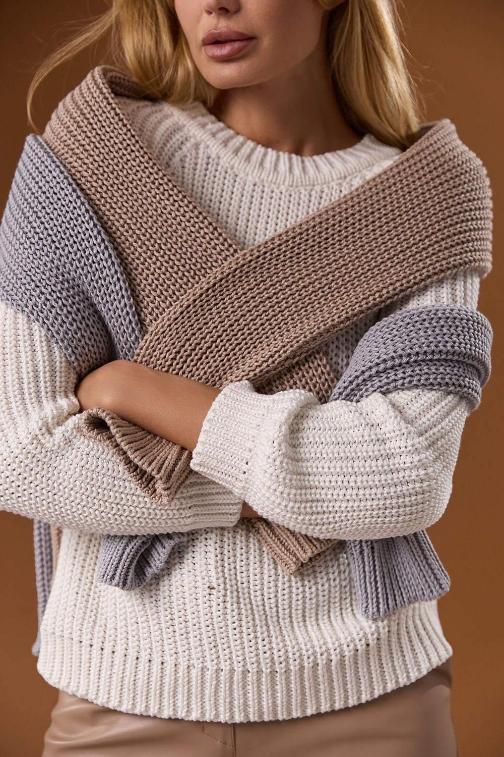 Sweater Women Casual Ribbed Cuff Crew Neck Knit