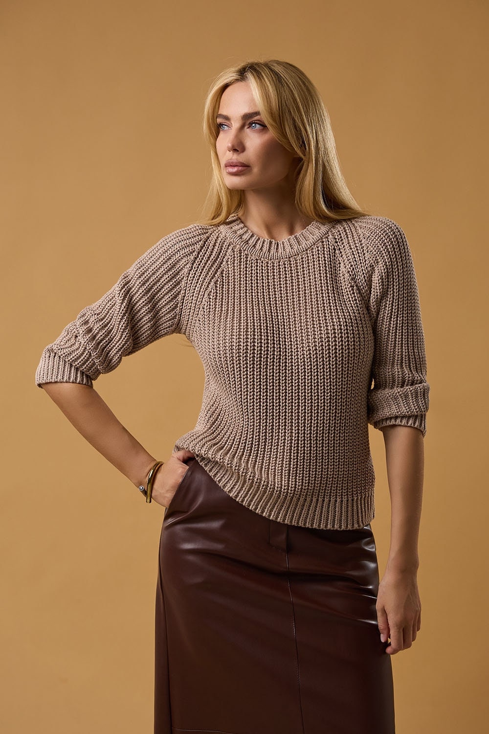 Sweater Women Casual Ribbed Cuff Crew Neck Knit