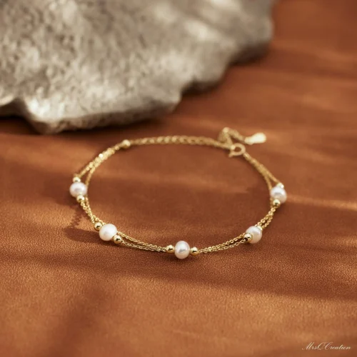 Double Chain Pearl Bracelet Freshwater Bead Gift Women