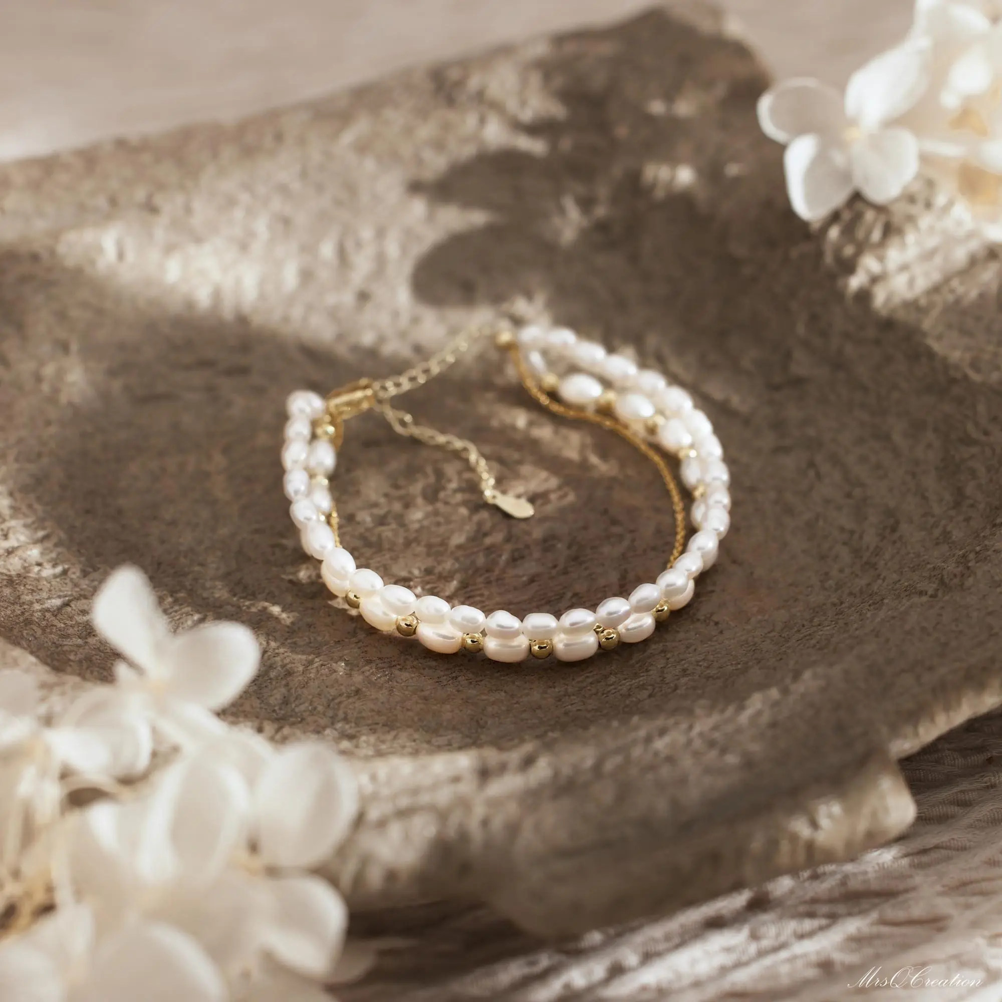 Three Layer Bracelet Real Freshwater Pearl Triple Chain