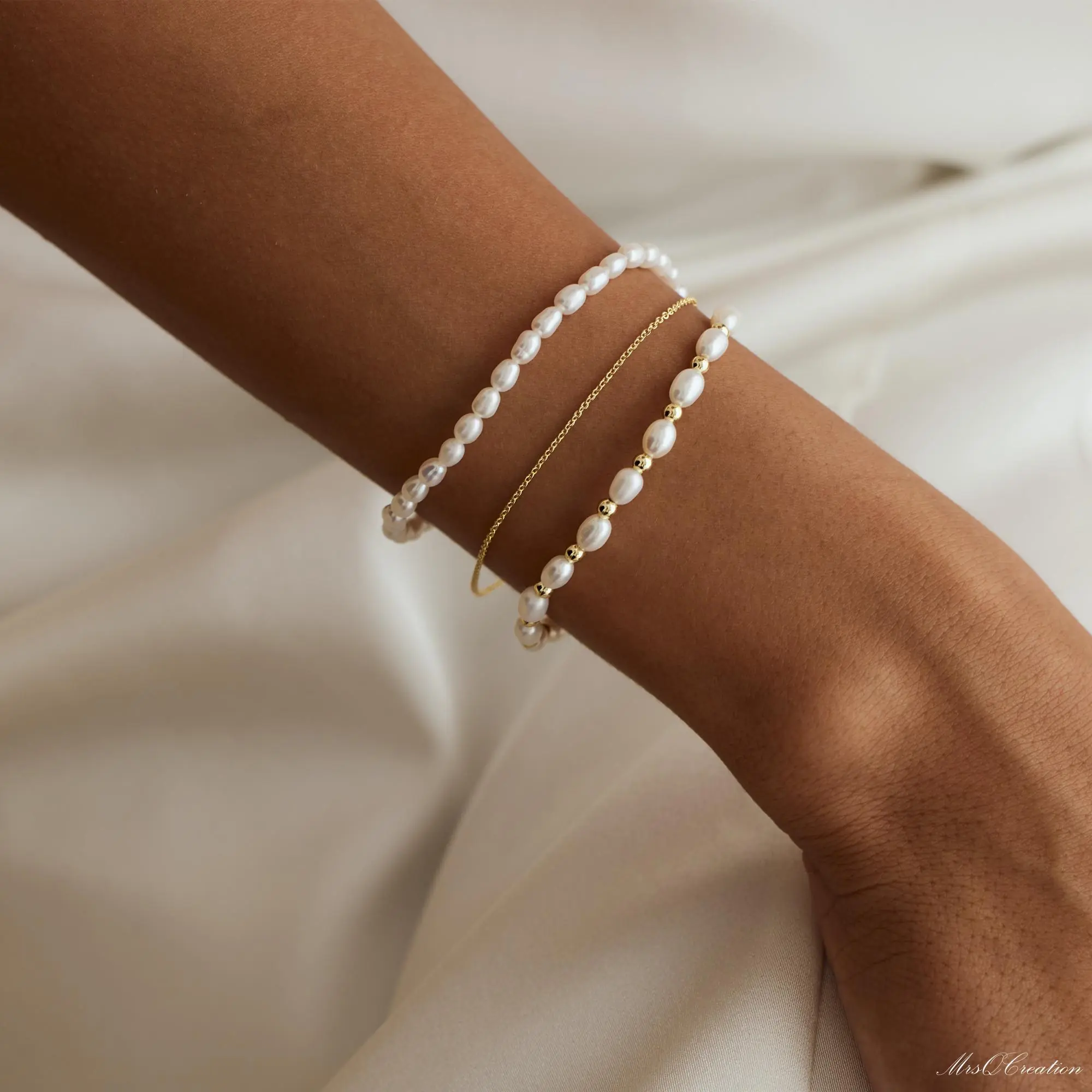 Three Layer Bracelet Real Freshwater Pearl Triple Chain