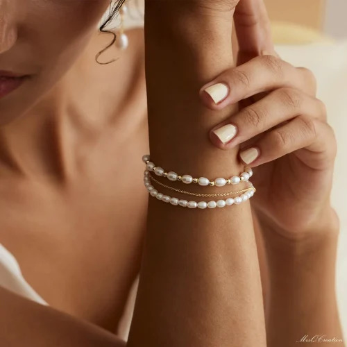 Three Layer Bracelet Real Freshwater Pearl Triple Chain