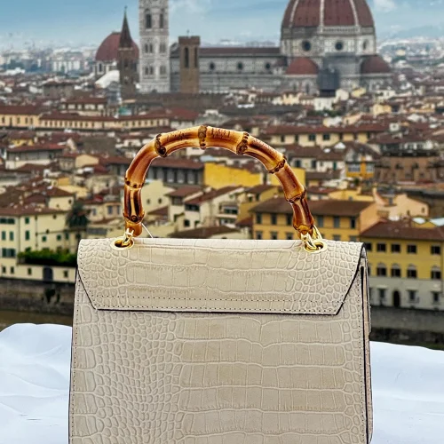 Italian Crocodile Leather Bag With Bamboo Handle
