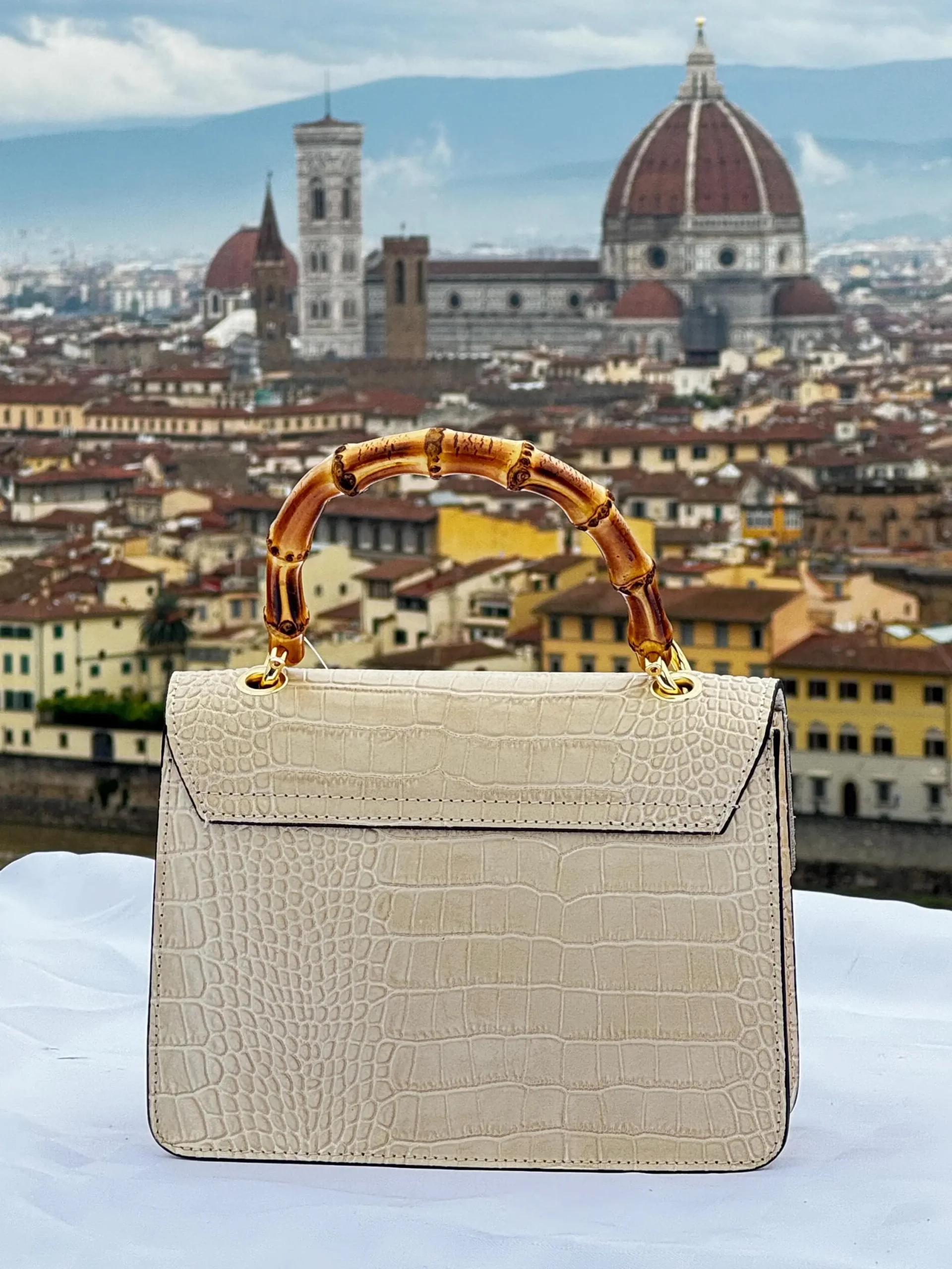 Italian Crocodile Leather Bag With Bamboo Handle