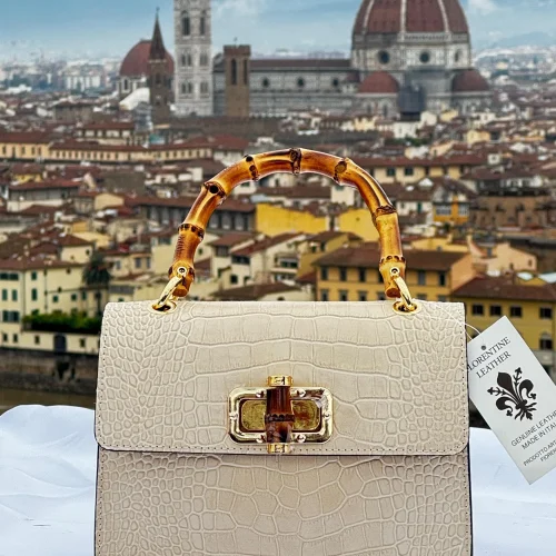 Italian Crocodile Leather Bag With Bamboo Handle