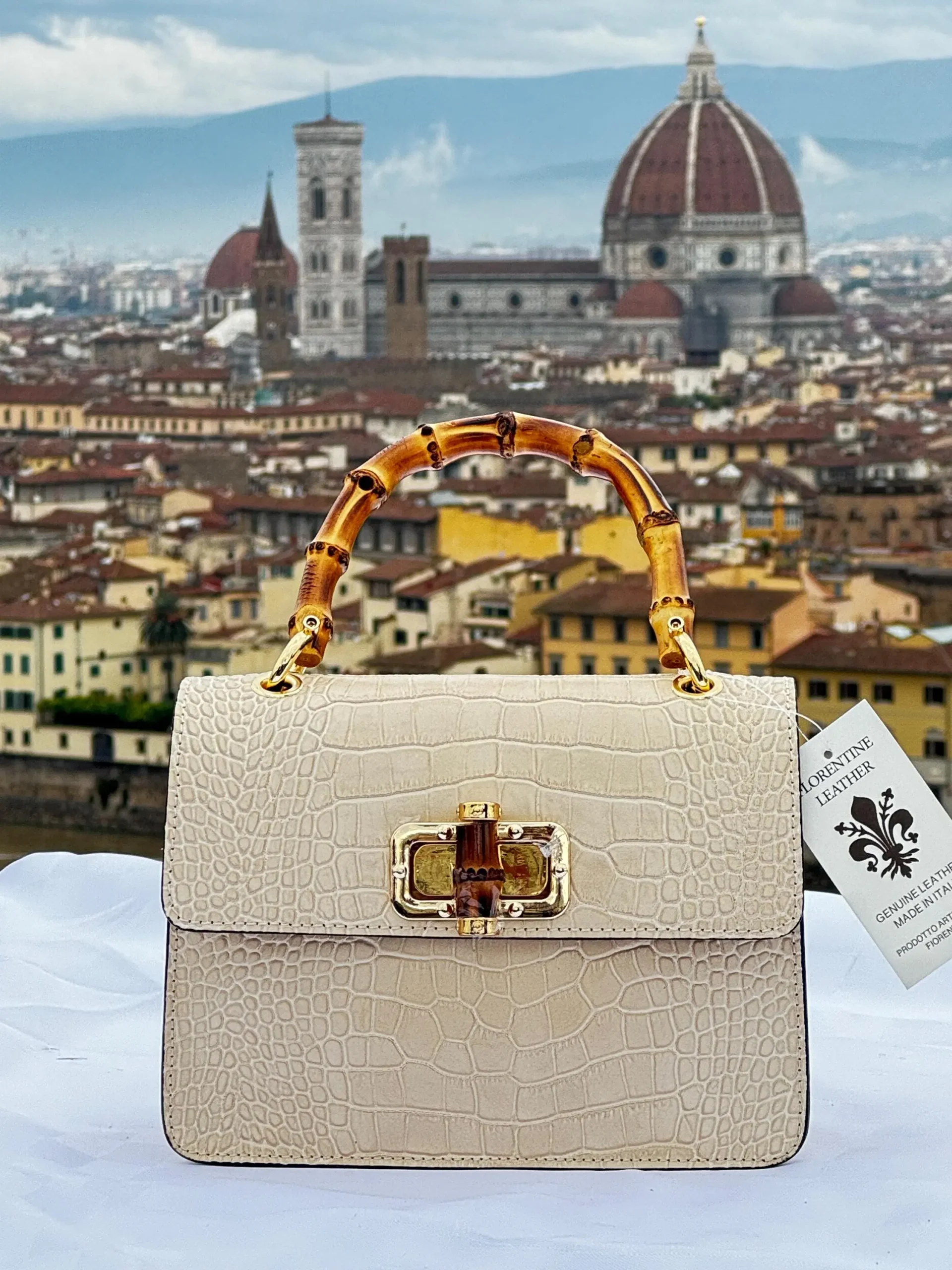 Italian Crocodile Leather Bag With Bamboo Handle