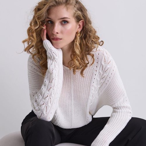 Cable Knit Sweater Cotton Top Pullover With Openwork