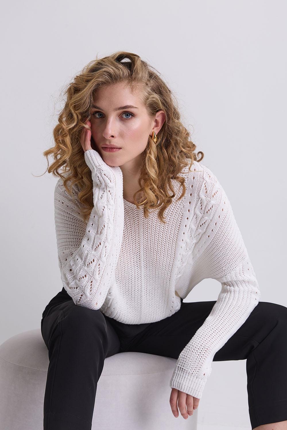 Cable Knit Sweater Cotton Top Pullover With Openwork