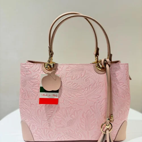 Italian Pink Floral Embossed Leather Tote