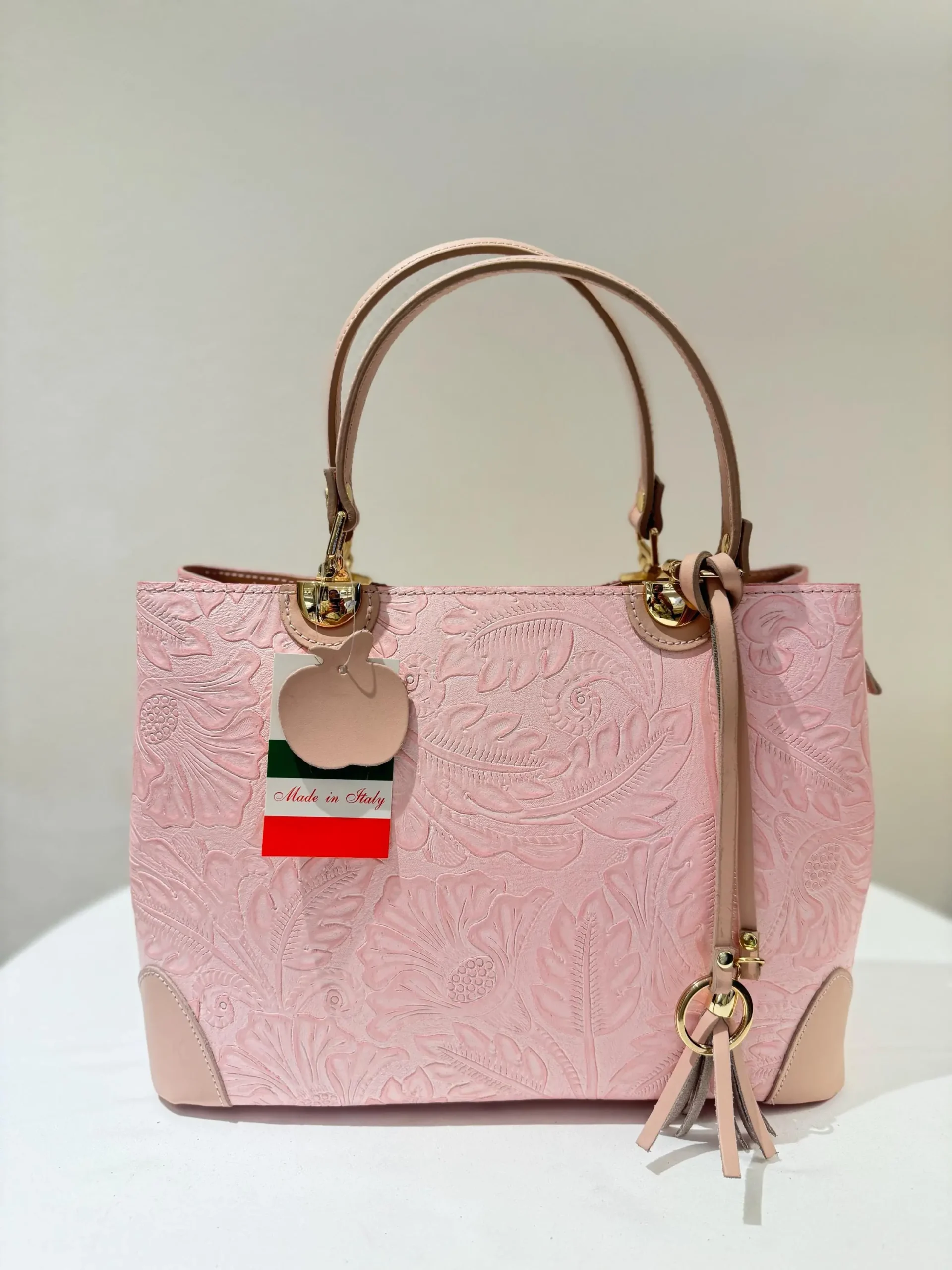 Italian Pink Floral Embossed Leather Tote
