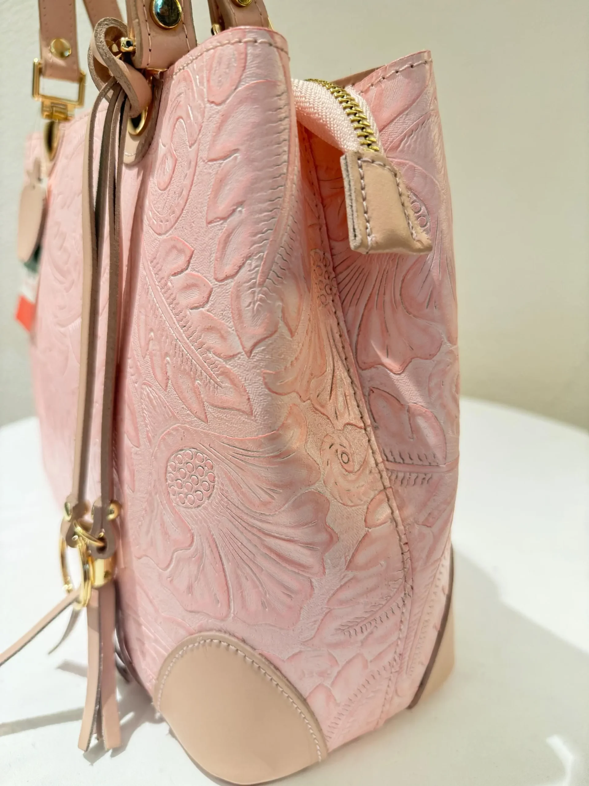 Italian Pink Floral Embossed Leather Tote