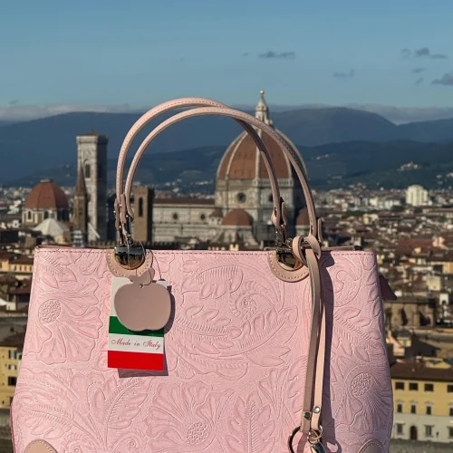 Italian Pink Floral Embossed Leather Tote