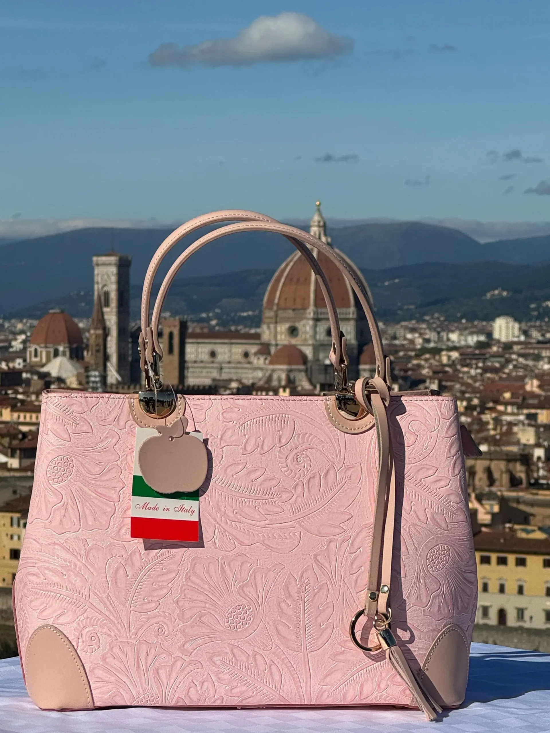 Italian Pink Floral Embossed Leather Tote