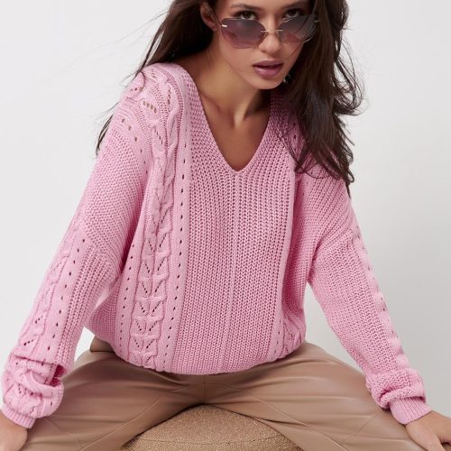 Cable Knit Sweater Cotton Top Pullover With Openwork