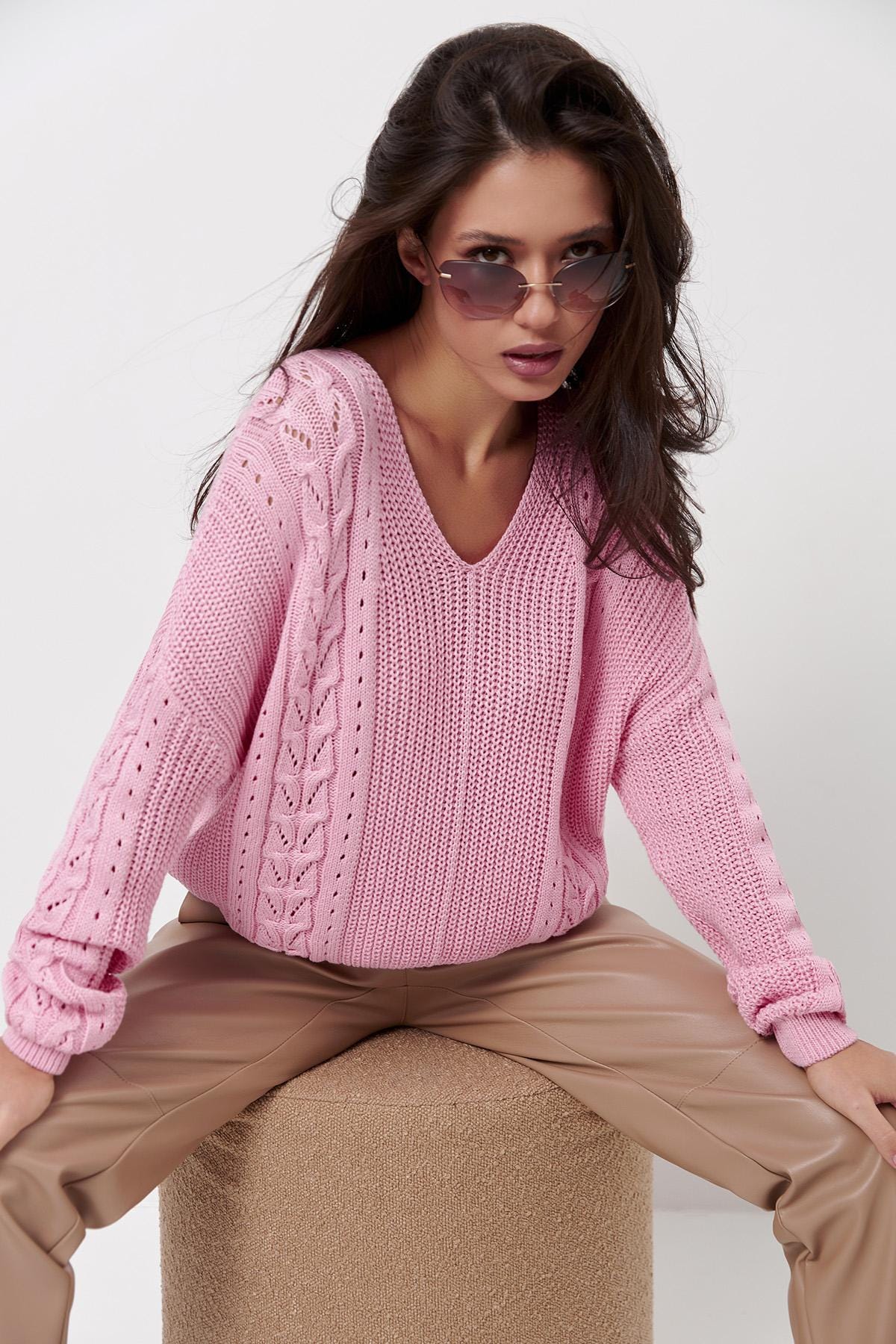 Cable Knit Sweater Cotton Top Pullover With Openwork