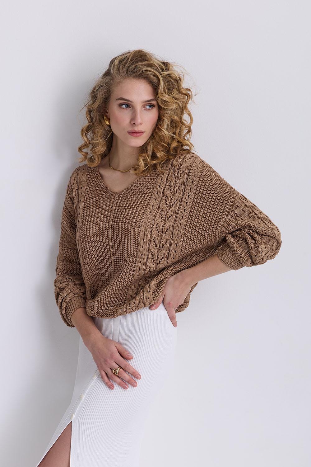 Cable Knit Sweater Cotton Top Pullover With Openwork