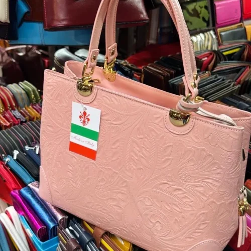 Italian Pink Floral Embossed Leather Tote