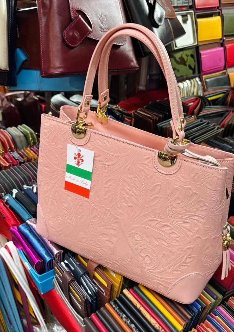 Italian Pink Floral Embossed Leather Tote