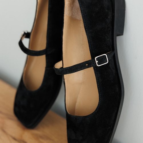 Black Suede Mary Jane Flats Classic Square Toe